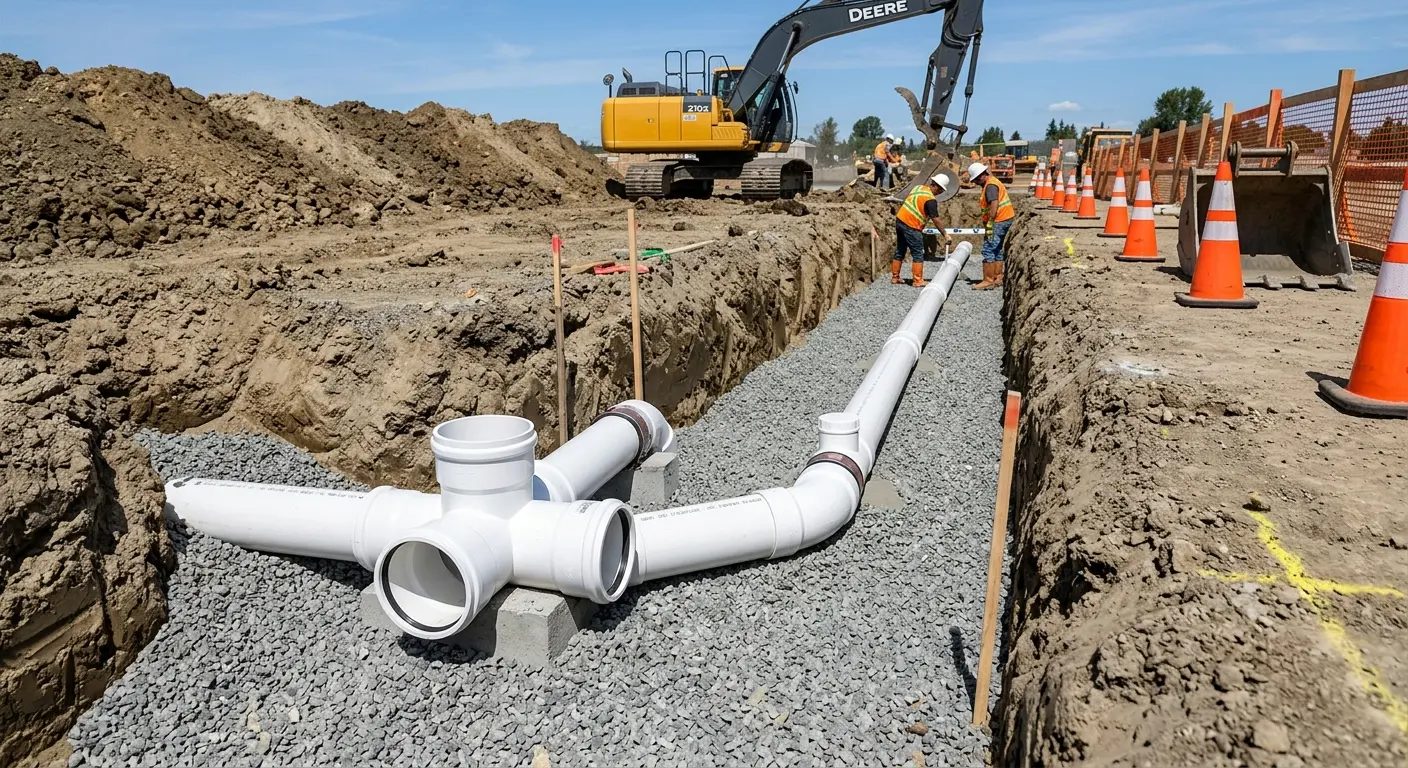 New PVC sewer pipe installation in open trench for Sewer Backup in Reidsville