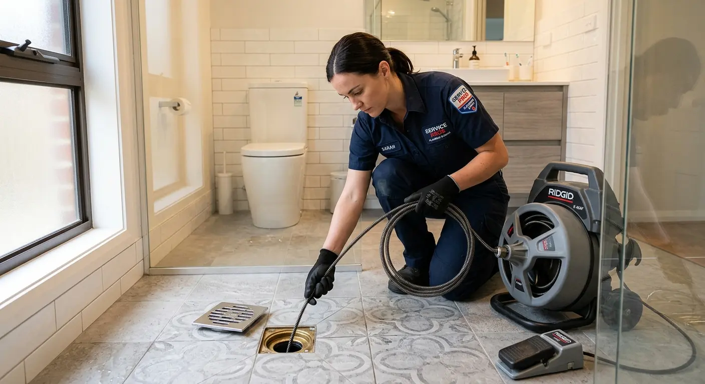 Technician clearing a bathroom floor drain for Drain Cleaning in Reidsville